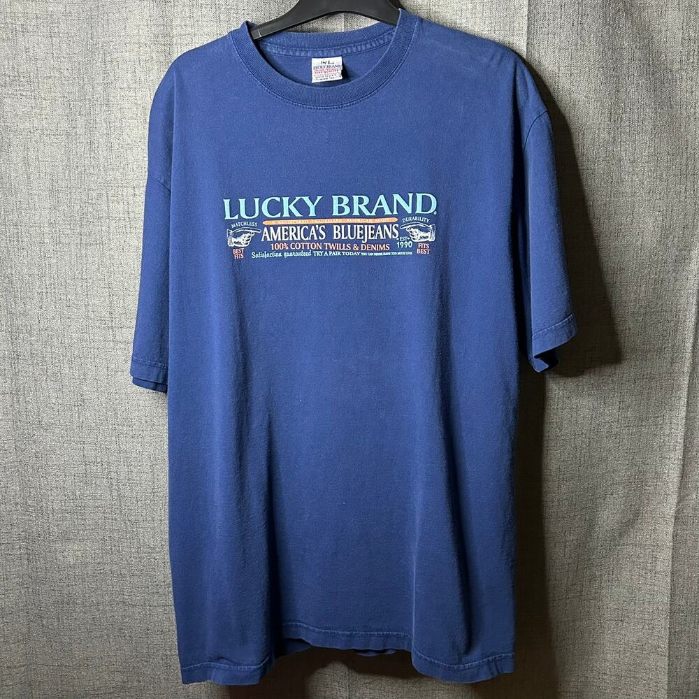 Lucky Brand Shirt Mens Medium Blue 100% Cotton Print Tee Made In USA Vintage